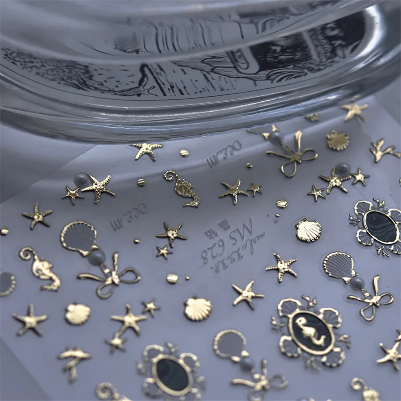 1szt 5D Luksusowe kryształowe diamentowe naklejki do paznokci Białe złoto Brązujące muszle rozgwiazdy Perłowe naklejki do paznokci Ozdoby artystyczne Naklejki