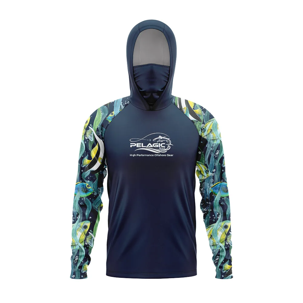 

Pelagic Gear с длинным рукавом с капюшоном, рубашки для рыбалки, УФ-защита, одежда для рыбалки с маской, Новые Топы, Upf 50