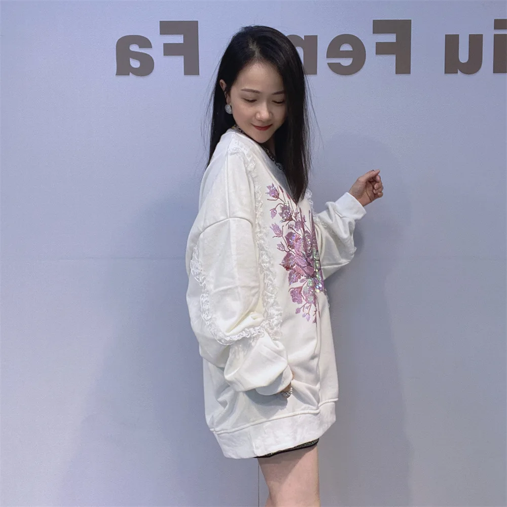 Amerykańska bluza oversize z okrągłym dekoltem, damska, jesienno-zimowa, luźna, z dżetami, kurtka z okrągłym dekoltem.