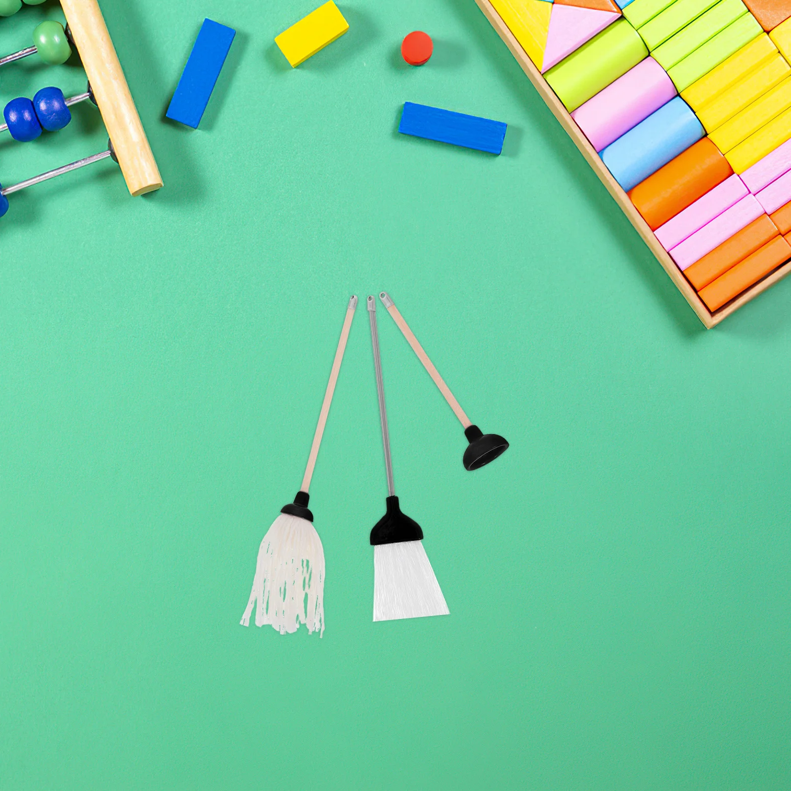 3 pçs mini ferramenta de limpeza esfregões casa de bonecas suprimentos conjunto preto metal decoração acessórios criança