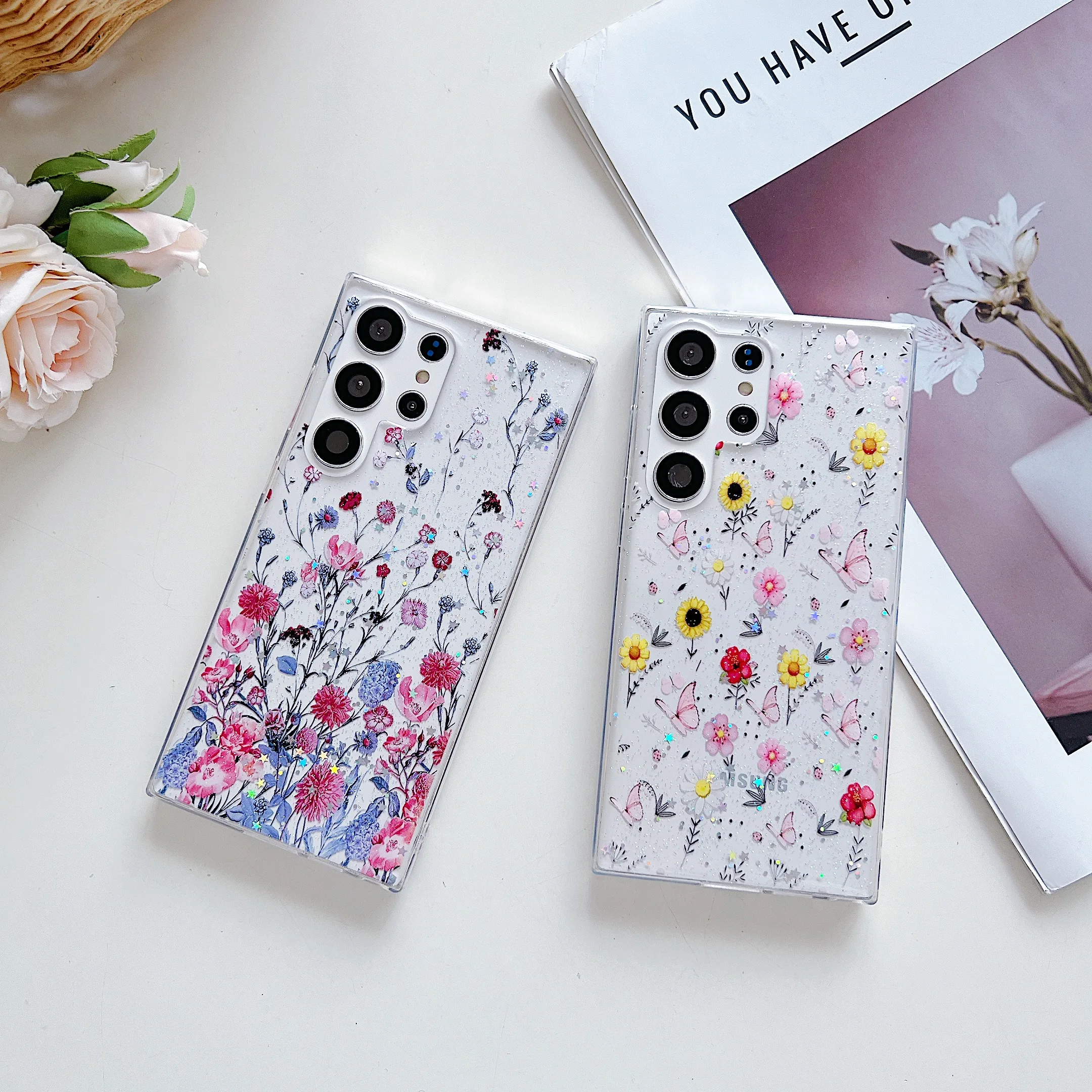 Beautiful Flowers Case for Samsung Galaxy S24 S23 S22 Ultra Plus Transparent Cover S20 S21 S23 FE A13 A14 S24 S23 S22 Ultra Case