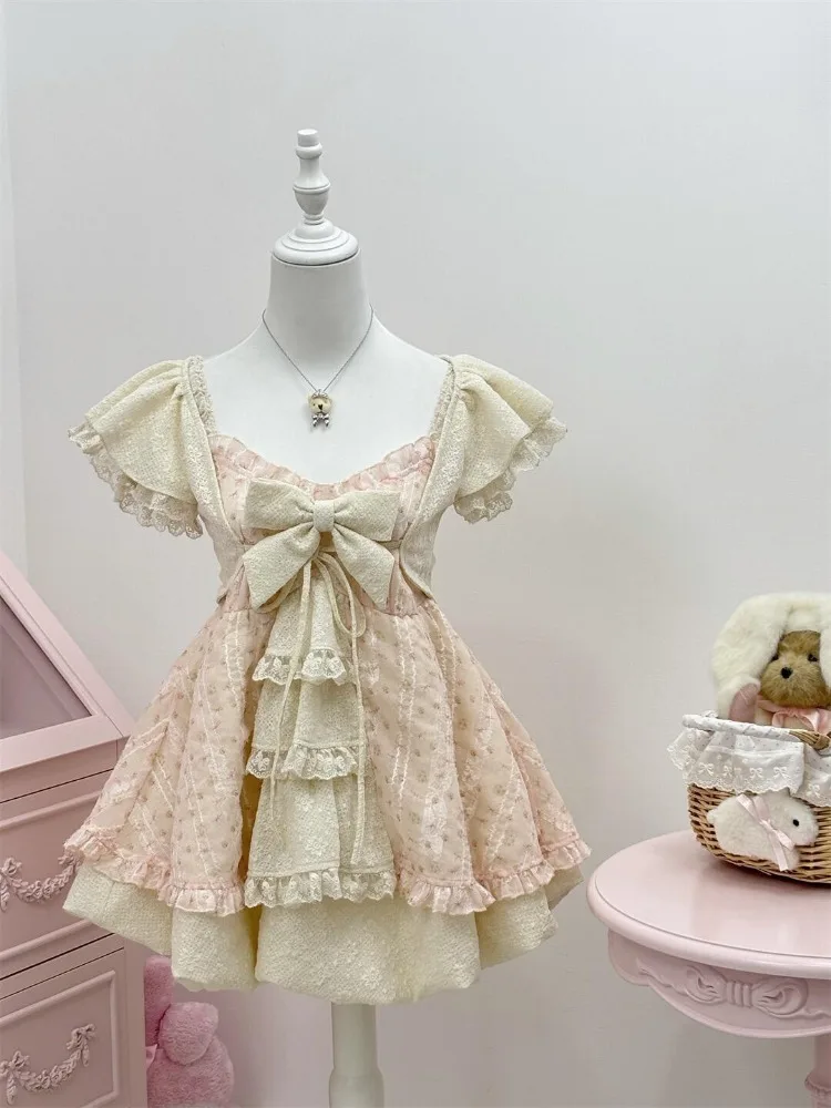Japanese Style Y2k Cutecore Retro 2 Piece Sets Women Off Shoulder Tops + Pleated Mini Dress Set New Pink Lolita Chic Suit Summer