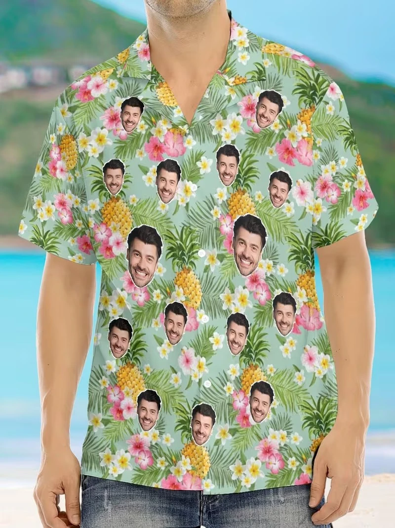 

Face Photo Tropical Flower Shirts For Men Clothing Custom 3D Print Hawaii Beach Shirt Y2k Top Vacation Casual Hawaiian Blouses