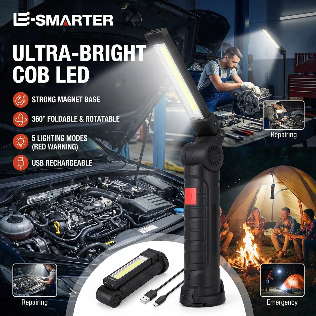 COB LED Folding Flashlight Portable Magnetic Work Light Lantern USB Rechargeable Emergency Repair Camping Torch Lamp With Hook
