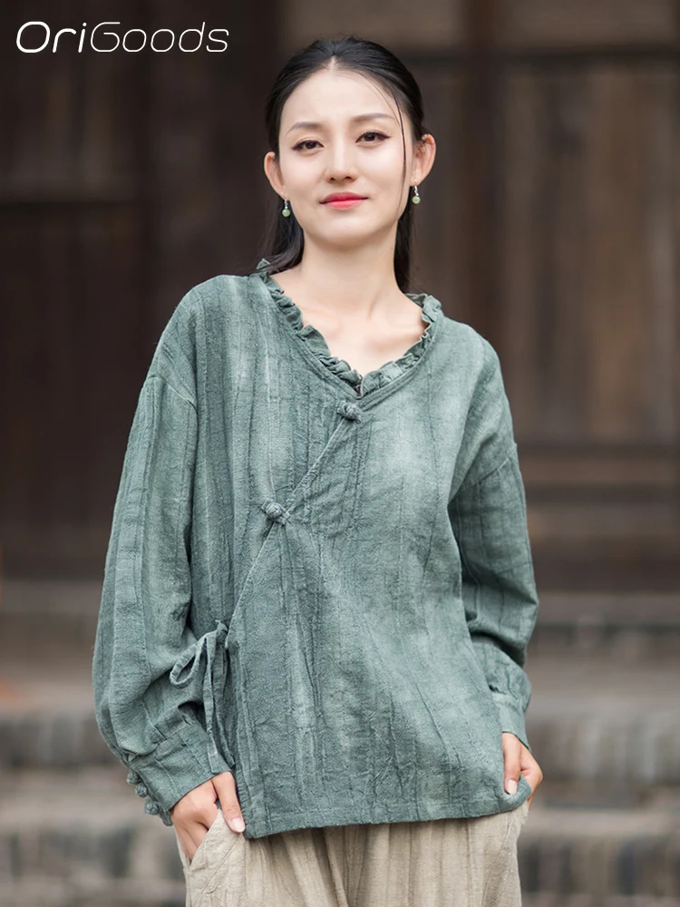 

OriGoods Tie Dye Блузка с длинными рукавами, рубашка-кимоно, женская рубашка Ramie из хлопка и льна, топ в китайском стиле, 2025 г., новые элегантные рубашки в стиле дзен B332
