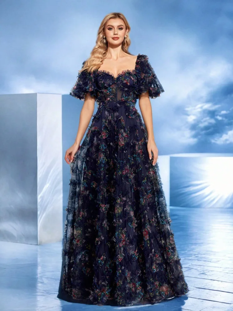 

High-End Flower Print Short Sleeve Fitted Party Dress Elegant Evening Dress 1542