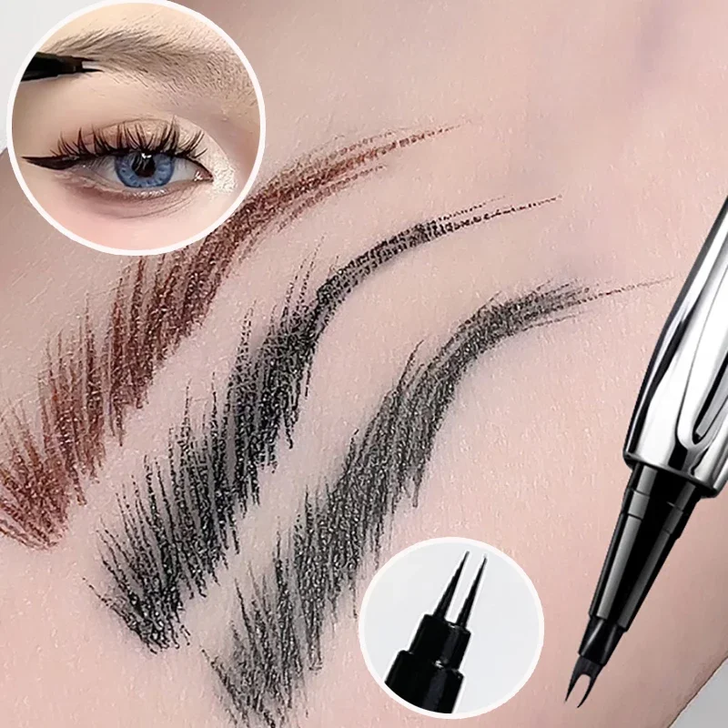 Ultra-fine 2 Fork Eyebrow Pen 2 Point Liquid Wild Eyebrow Tattoo Waterproof Gray Silkworm Brow Pen Easy To Grip Eye Makeup