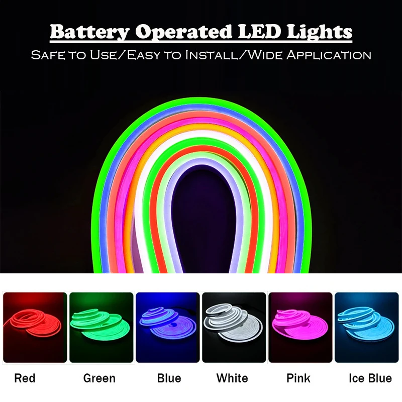 Battery Powered Flexible Neon LED Strip Lights with Battery Box DIY Decorative Light for Home Bedroom Party