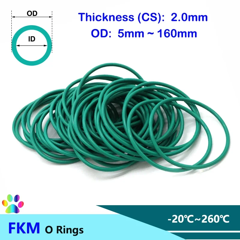 10/50pcs Green FKM O Ring Sealing Gasket CS 2.0mm OD 5~160mm Round High Temperature Oil Resistant Fluorine Rubber Seal Gaskets