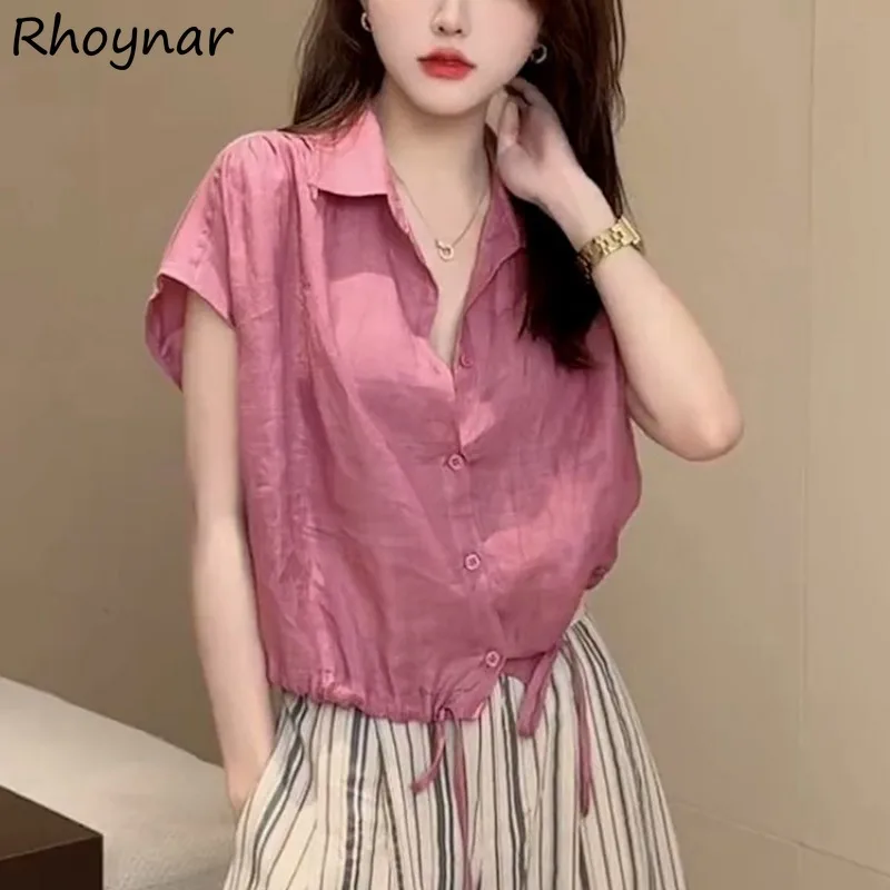 

Solid Shirts Women Shirring Lace-up Baggy Slim Trendy Ulzzang Stylish Temperament Leisure Daily All-match Office Ladies Summer