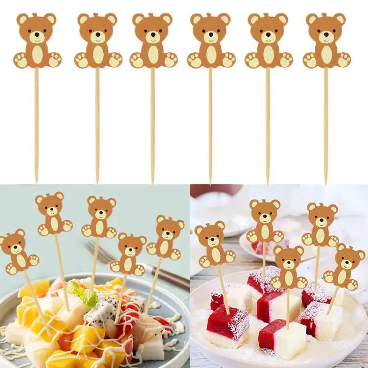 

20pcs 12cm Bear Bamboo Pick Buffet Cupcake Fruit Fork Party Dessert Salad Stick Cocktail Skewer Decorration Baby Show Supplies