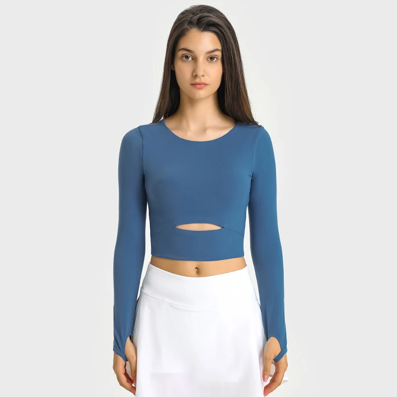 

Solid Color Women Long Sleeve Yoga Shirt Tight Top Crop Stretch Sport Hollow Out Fitness Soft With Chest Pad T-shirt Thumb Jack