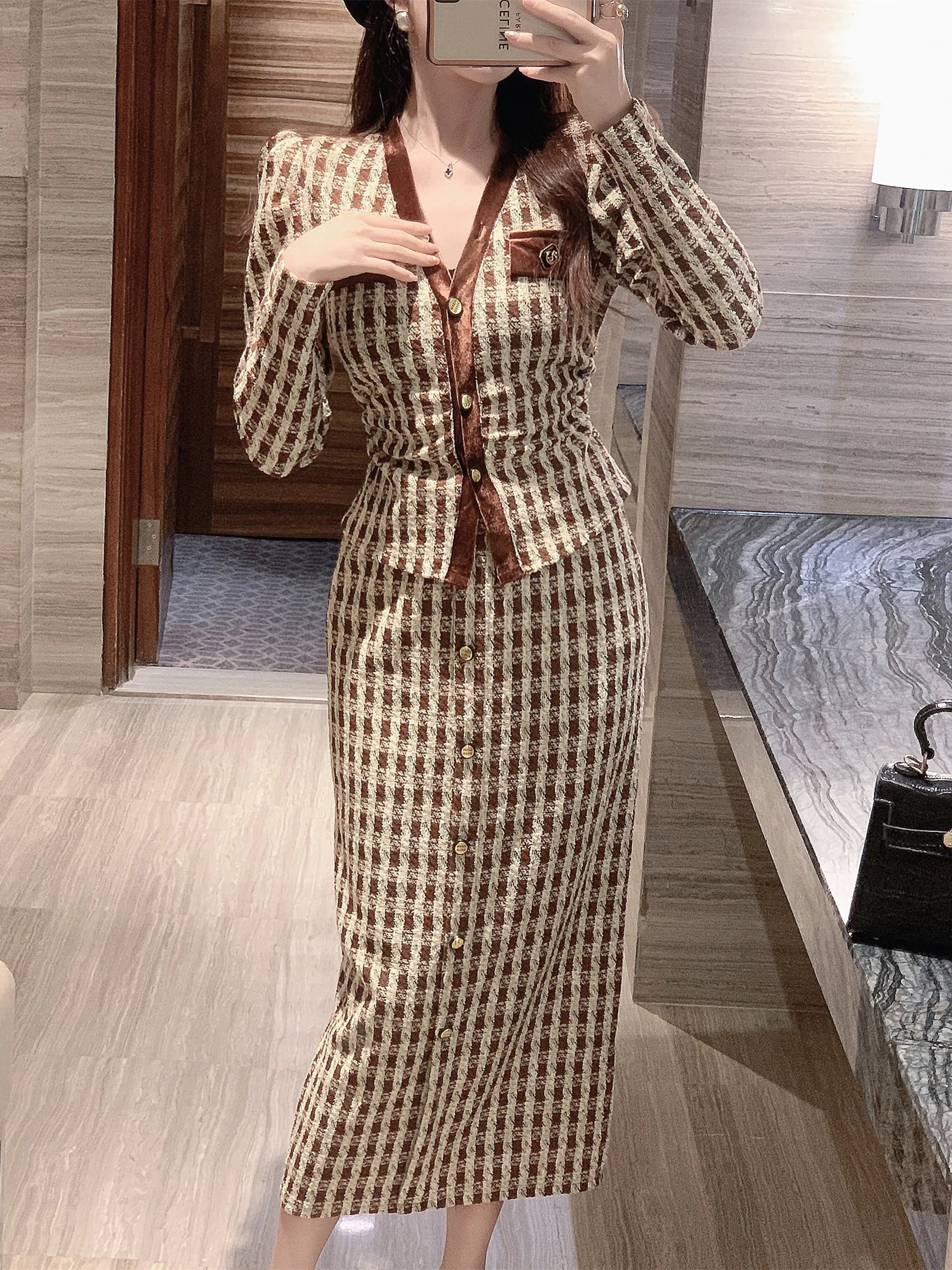 Autumn New Temperament Plaid Jacket Coat Women 2 Piece Set outfits Korean Fashion Puff Sleeve Outerwear +Bodycon Skirt Sets