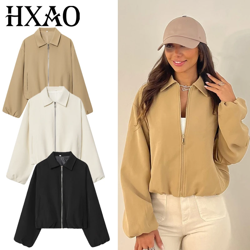 HXAO سترة نسائية كاكي المرأة الخريف سترة المرأة معطف قصير المرأة طويلة الأكمام المرأة ملابس خارجية المرأة الإناث #1