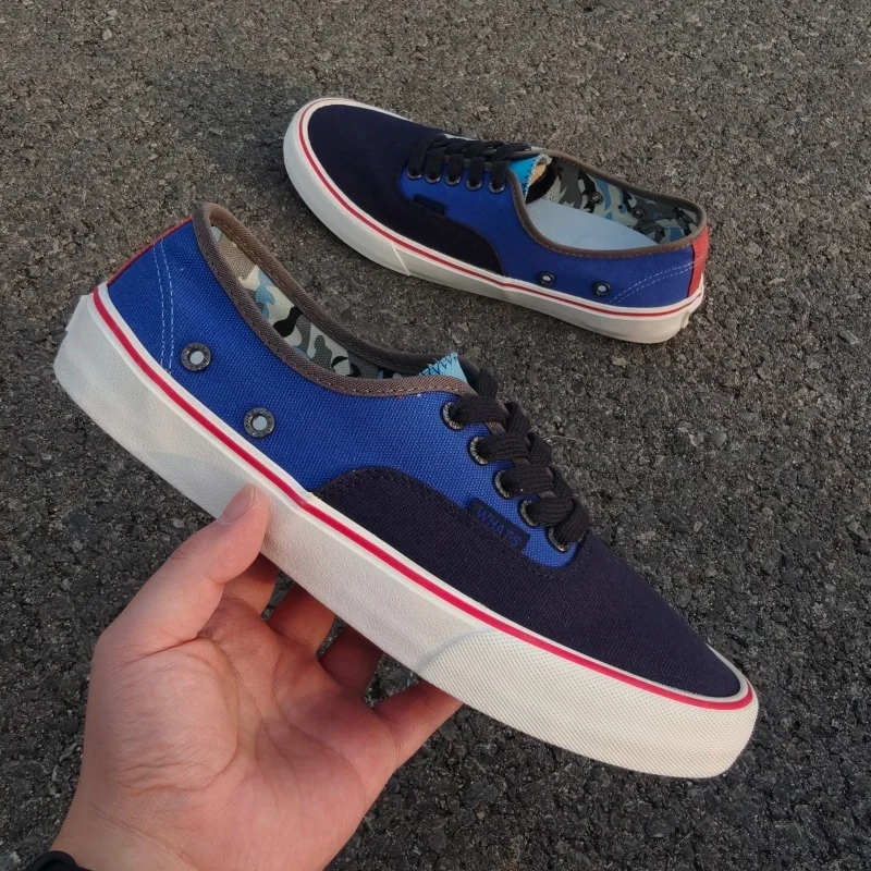 Blue‑Black Color Block Low‑top Skate Shoes Unisex Camouflage Liner Trendy Canvas Shoes Niche Retro Versatile Couple Student Dail