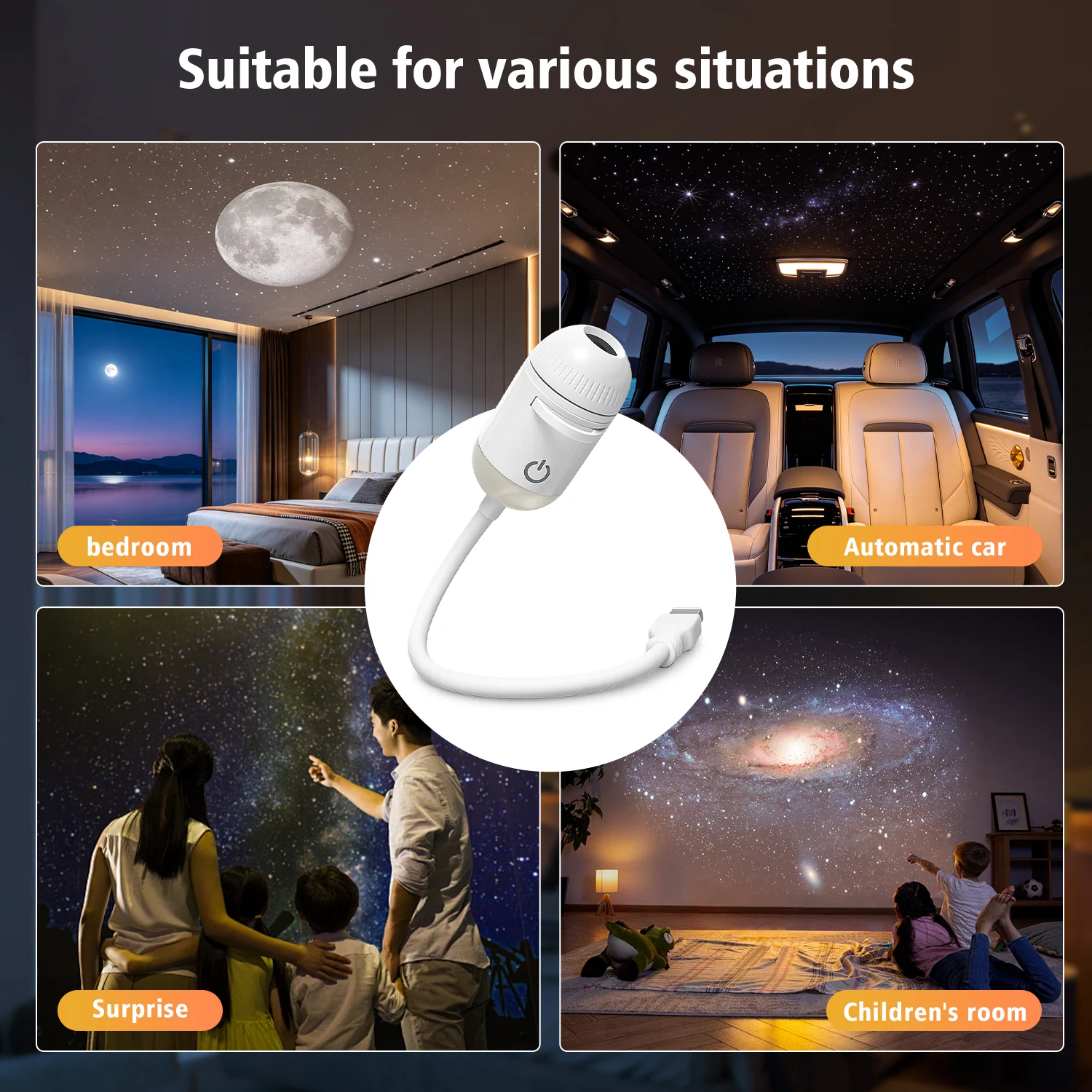 Luz de Projeção Ambiente USB 2 em 1 com Foco Ajustável, Luz Interior para Carro, Luz Noturna Romântica de Estrelas, Saturno e Galáxia para Casa e Quarto