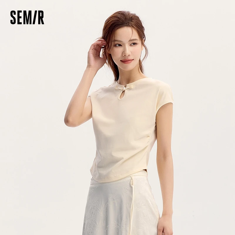 Semir T-Shirt Women Short Slim-Fit Versatile 2024 Summer New Sleeveless Top Featuring Button Closures