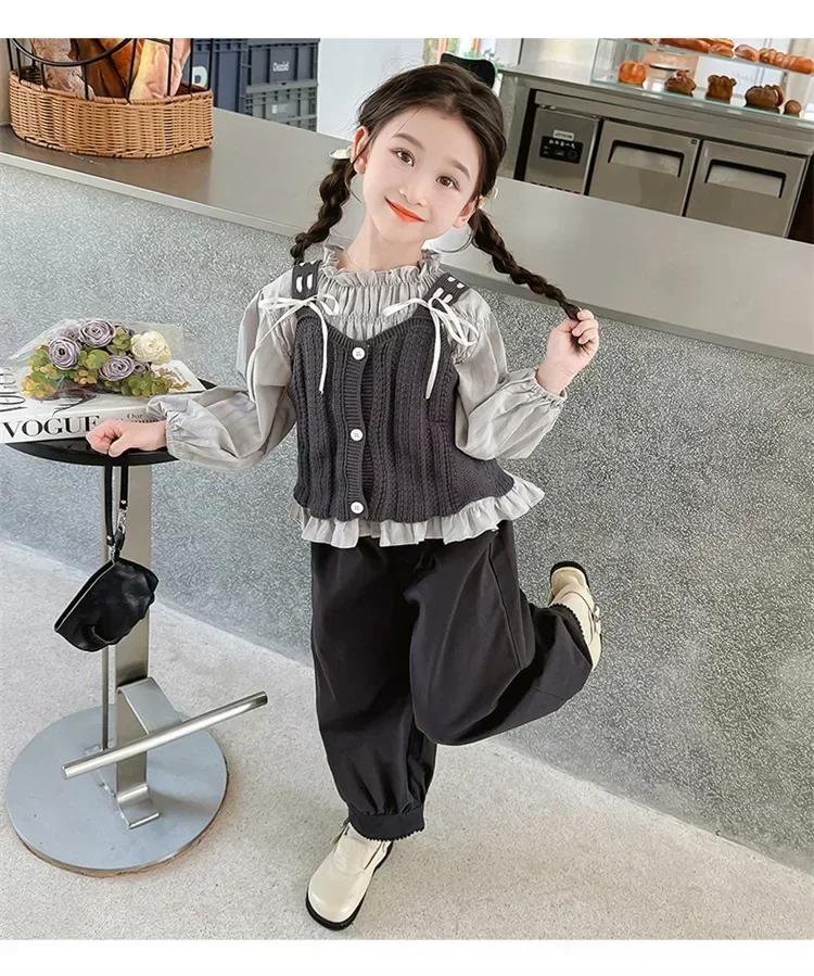 2024 Spring and Autumn New Children Solid Color Three-piece Set of Girls Fashion Suit Baby Girl Casual Good-looking Top