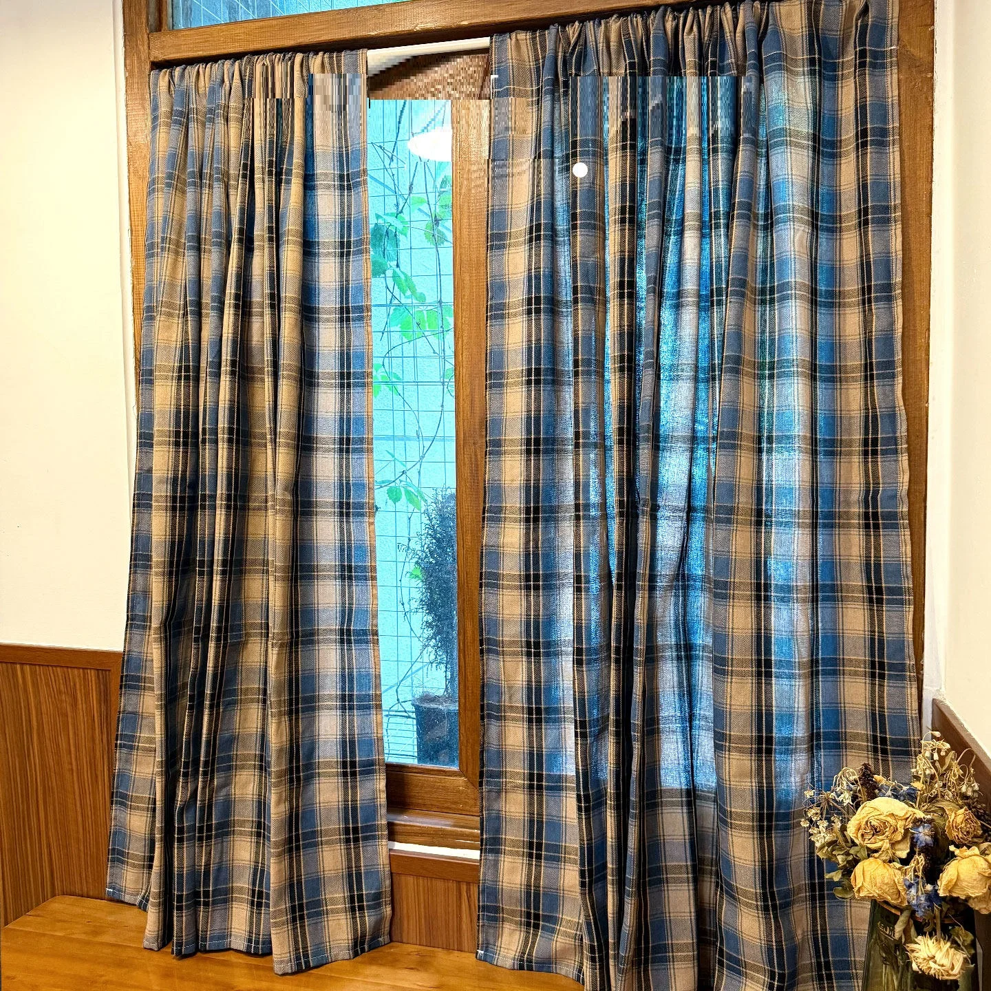 Blue Tan Grid Plaid Curtains, Modern Farmhouse Checkered Window Panels, Soft Washable Polyester Cotton Blend Drapes