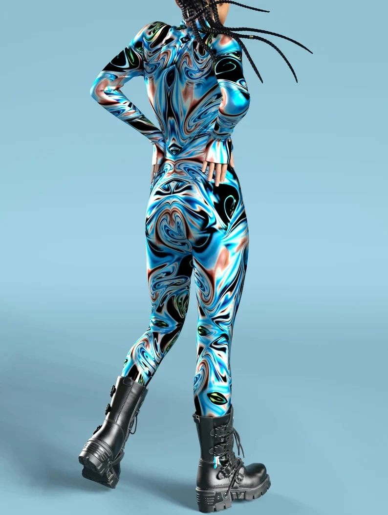 Mehrfarbiger Totenkopf-Print-Kostüm, Damen-Body mit Reißverschluss vorne, Halloween-Party, Karneval, Festival, Bühnenauftritt, Catsuit-Kostüm – Detail 9