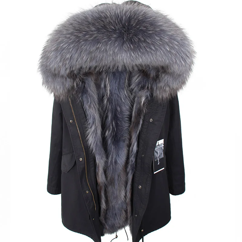 Natural raccoon fur lined jacket coat big raccoon fur collar black gray park thick warm coat