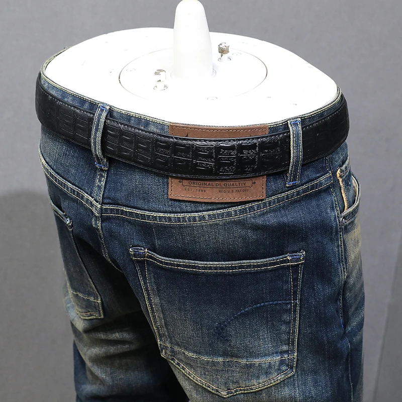 Fashion Designer Men Jeans High Quality Retro Washed Blue Stretch Slim Fit Ripped Jeans Men Slevedge Vintage Denim Pants Hombre