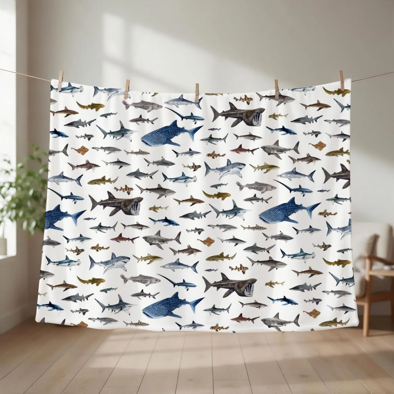 SHARKS poster-white Throw Blanket couch cozy soft plush fuzzy picnic outdoor blanket