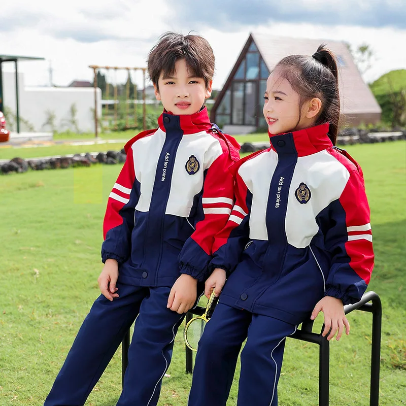 Uniformes de guardería C082, conjunto de ropa de clase de escuela primaria, chaquetas de espray, conjunto de tres piezas, uniformes escolares para niños