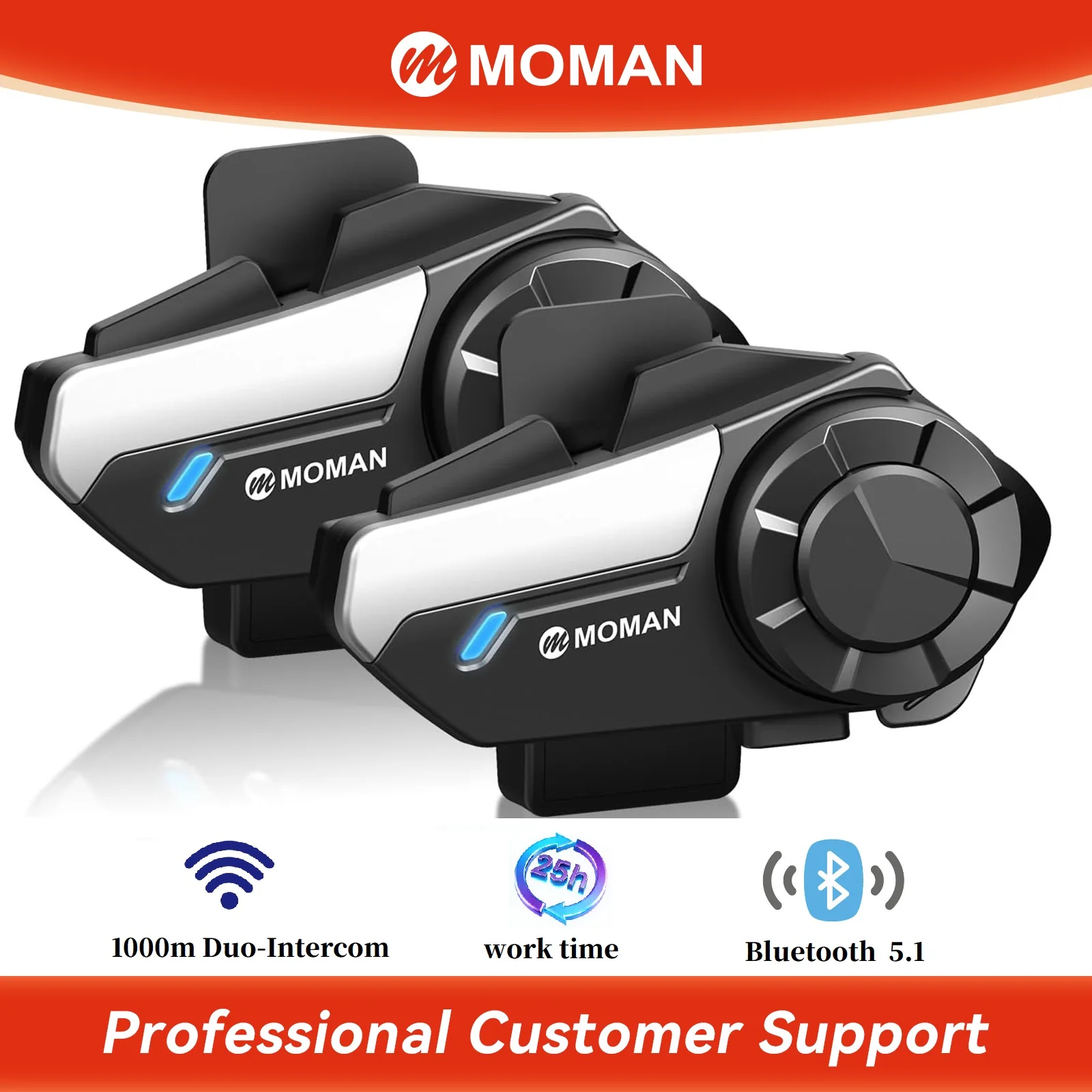 【FR STOCK】Moman Lot de 2 casques de moto avec interphone, mélange audio dynamique à 4 modes, portée de 1 km, système de communication sans fil