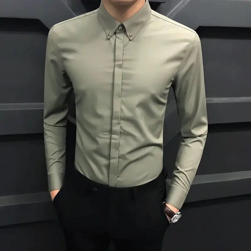 2023 Frühling und Herbst koreanische Ausgabe Polo Kragen Panel Knopf Business Casual Slim Fit nicht bügeln Männer versteckte Knopf Shirt