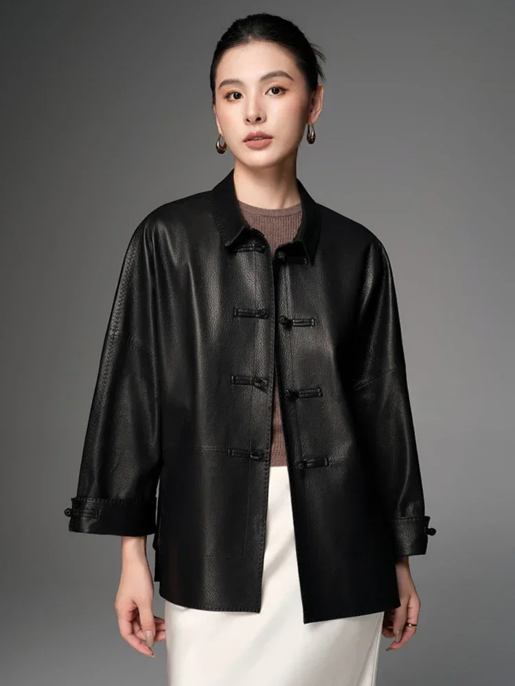 

Casual Genuine Leather Jackets for Women Spring Autumn 2026 New High-end Simple Vintage Loose Deer Texture Real Goatskin Coat