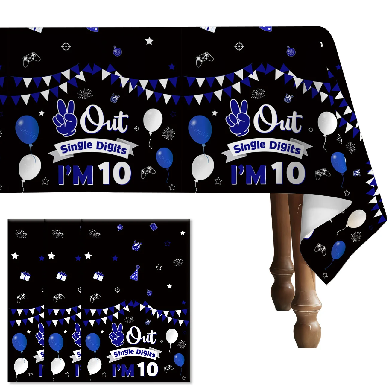 

3 Pcs 10th Birthday Decorations Out Single Digits I'm 10 Tablecloth Black Blue Balloon Pattern Table Cover for 10th Birthday Pa