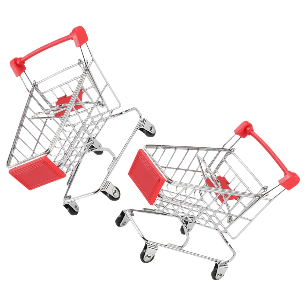 

2 Pcs Mini Shopping Cart Children's Play Game Miniature Small Trolley Plastic Iron Supermarket Toy Model Decor