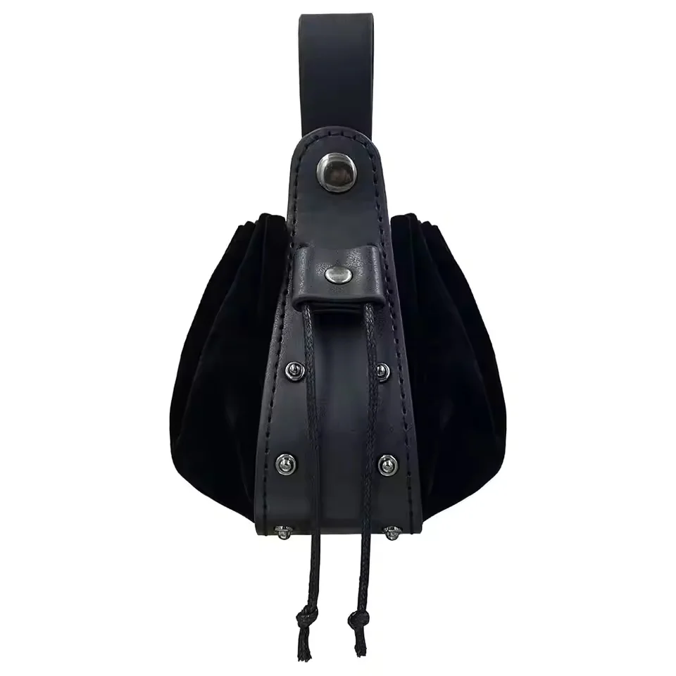 Black Medieval Retro Leather Set Leather Belt with Flap Waist Bag Drawstring Coin Purse Skirt Clips Renaissance Costume Accessories Cosplay Props view 4