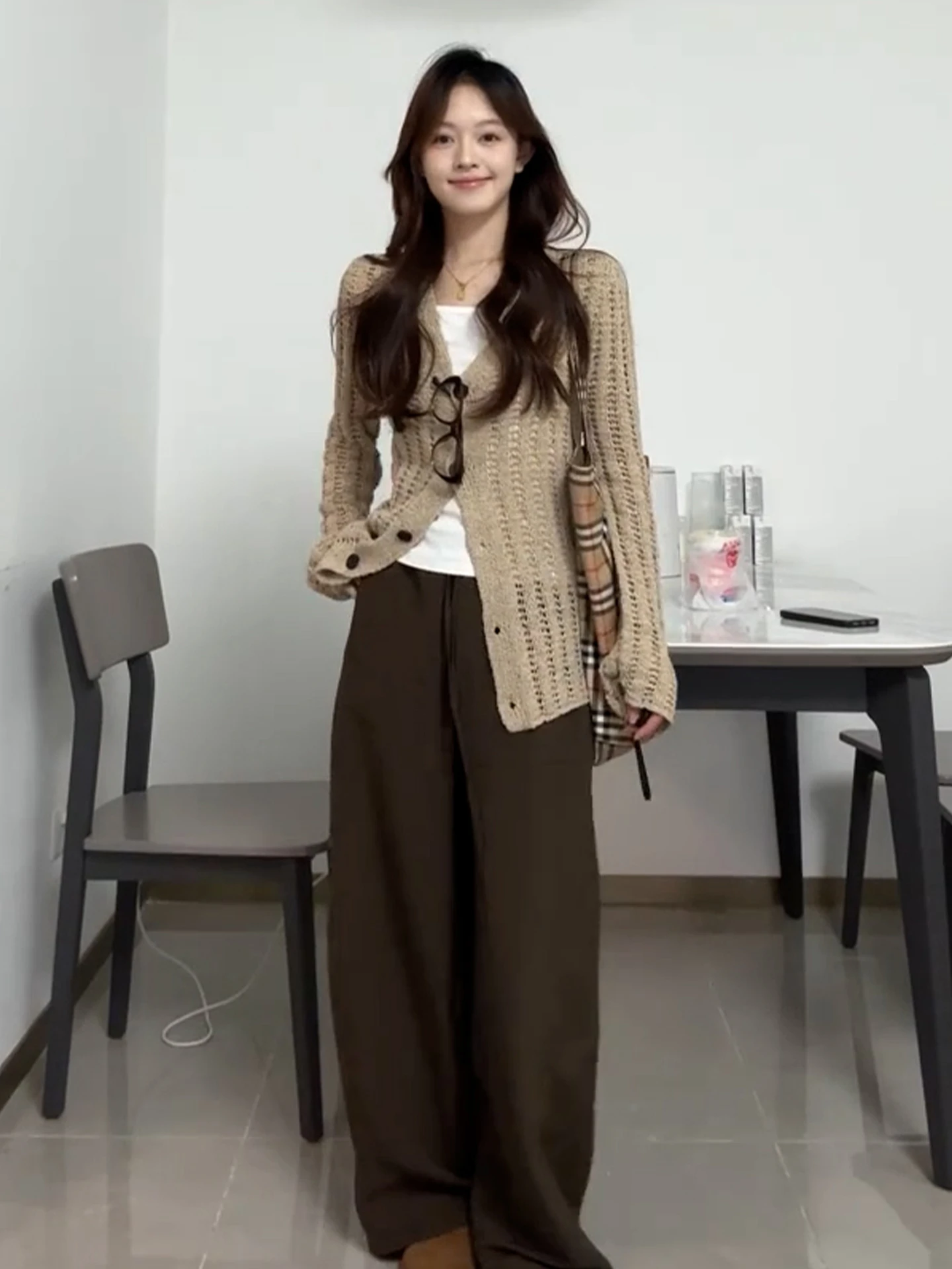 한국 슬레 초가을 아우로페르 니트 스웨터 세트 여성용 레이지 슬레 홀로우 아웃 니트 가디건 아우터웨어 상의와 하의