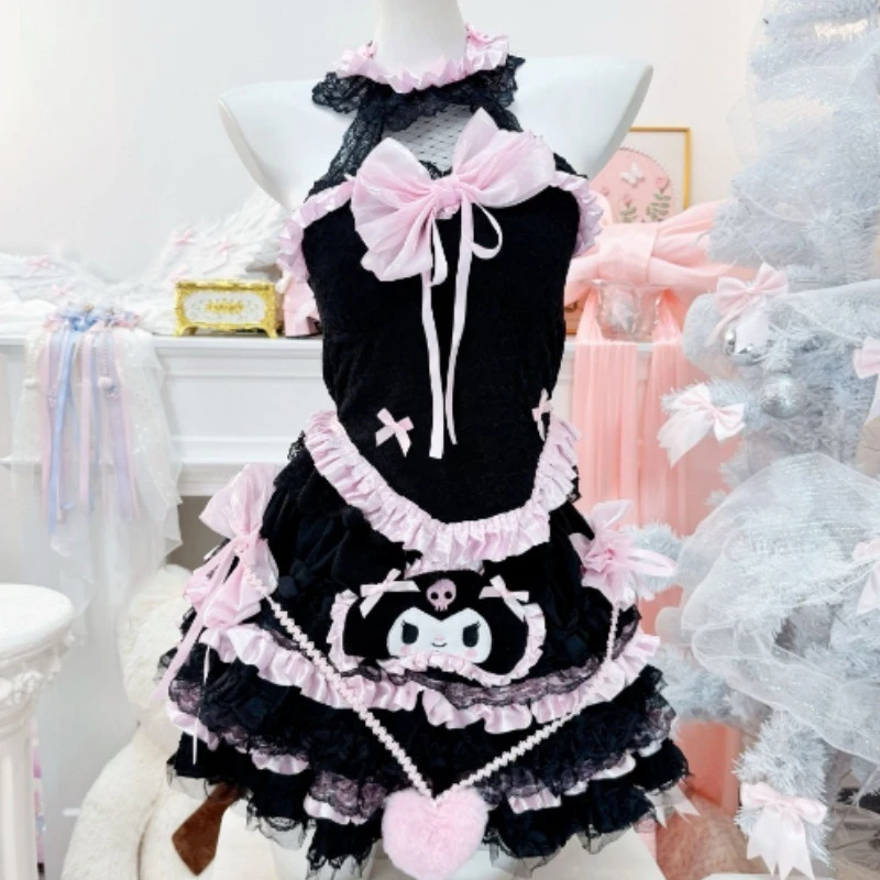 

Japanese Hello Kitty My Melody Lace Lolita Cake Dress Set Pure Wind Butterfly Backless Short Sleeve+multi-ruffled Skirt.