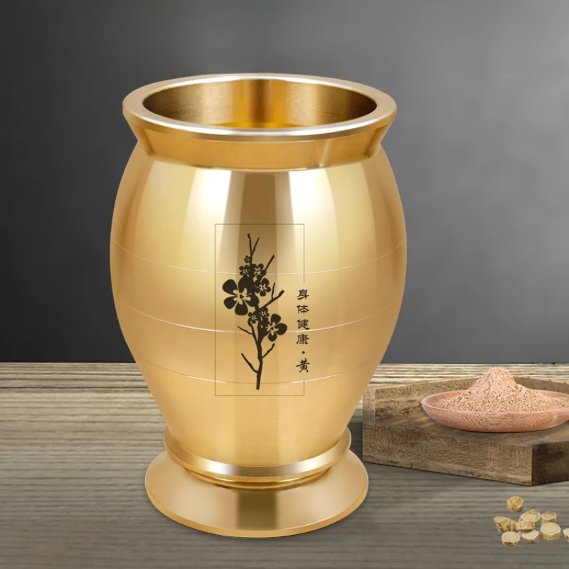 Solid brass traditional Chinese medicine pounding jar, household old-fashioned copper mortar, punching cylinder, brass cup