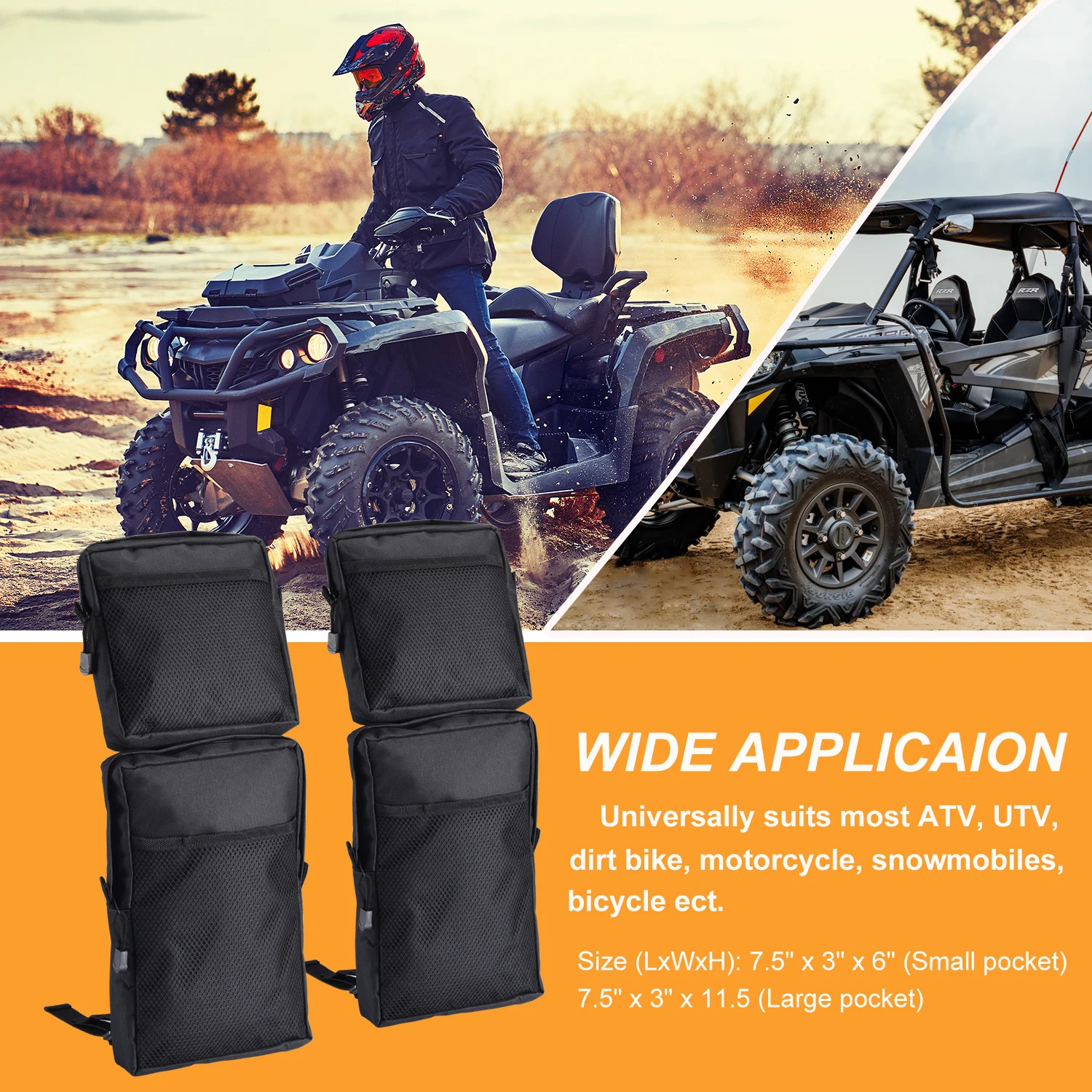 

2pcs 600D Oxford ATV Fender Bags ATV Tank Saddle Bags Cargo Storage Hunting Bag With 2 lined pockets and 2 mesh pockets