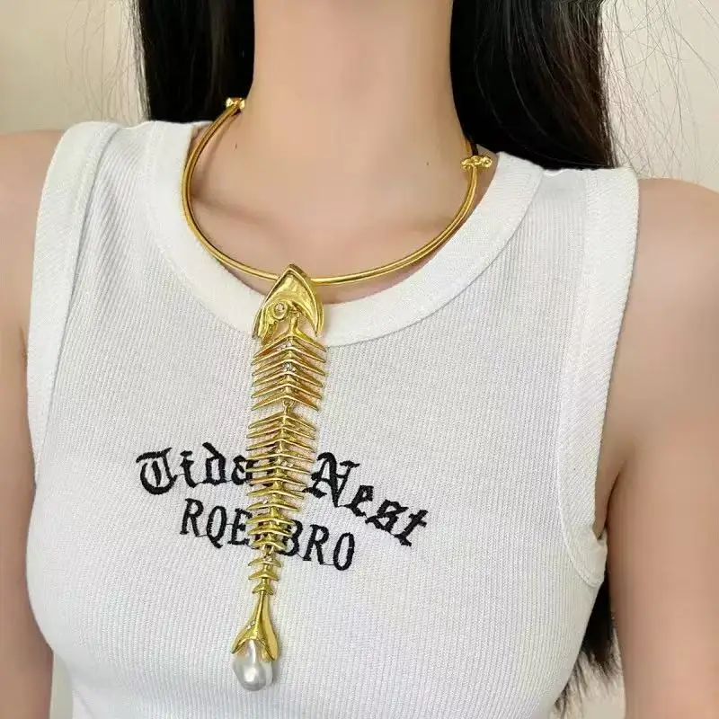 Neuheit Design Legierung Große Fisch Knochen Anhänger Choker Halskette Für Frauen Mode Schmuck Übertrieben Marke Zeigen Aussage Halskette