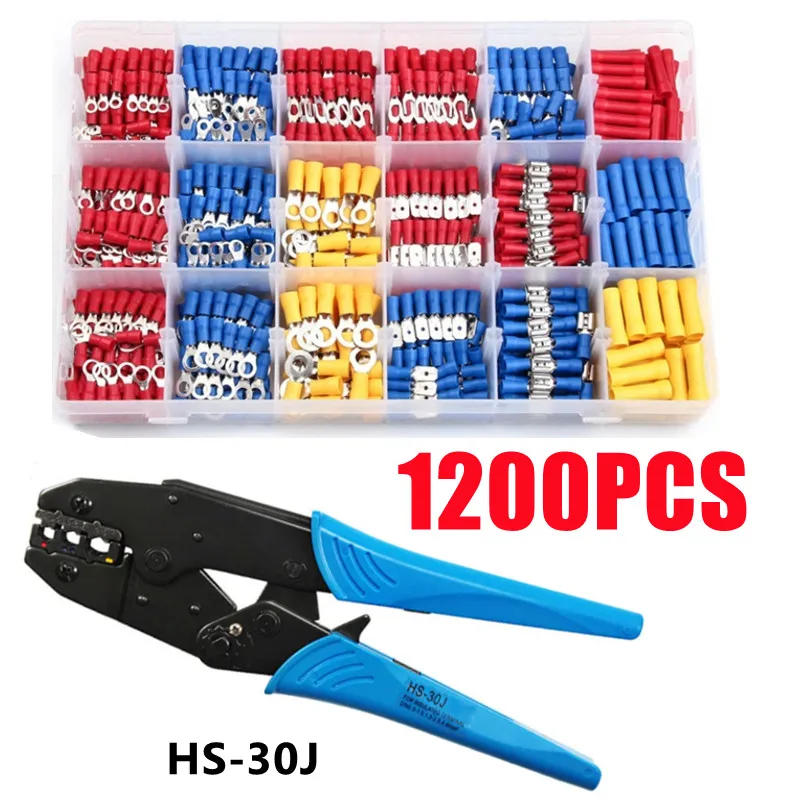 1200PCS Butt Ring Fork Set Lugs Spade Terminals Insulated Cable Connector HS-30J Plier  Kit