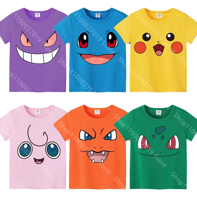 Camiseta con estampado de dibujos animados de diferentes colores, bonita para niños y niñas, Pokémons, Pikachus, ropa de algodón de verano, camisetas de Anime Kawaii de manga corta
