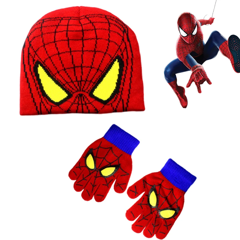 Spiderman Superhero Knitted Beanie Gloves Set Christmas Warm Cap Cosplay Props Winter Accessory for Boys Girls Halloween Gifts
