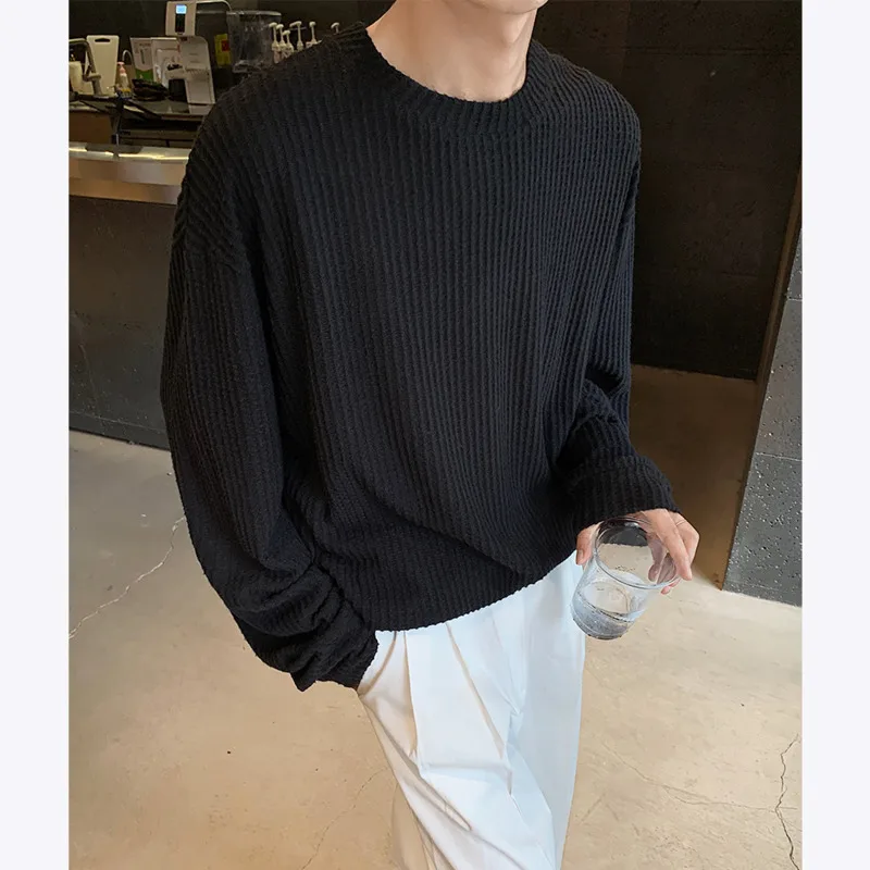 Autumn Long Sleeved T-shirt Men Oversized Casual Checkered T Shirt Men Streetwear Korean Loose Round Neck T Shirt Mens Top