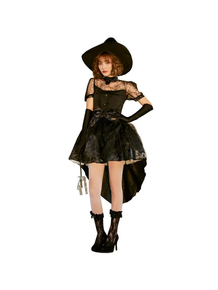 

Sexy Black Hollow out Witch Costume Party Performance Cosplay Outfit with Mesh Tail Skirt for Women Hollow out Design