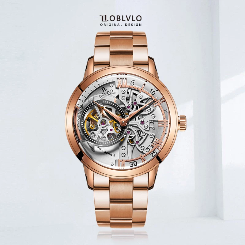 OBLVLO Jam Tangan Skeleton Desain Baru Jam Tangan Otomatis Rose Gold dengan Kristal Safir Relogio Masculino VM