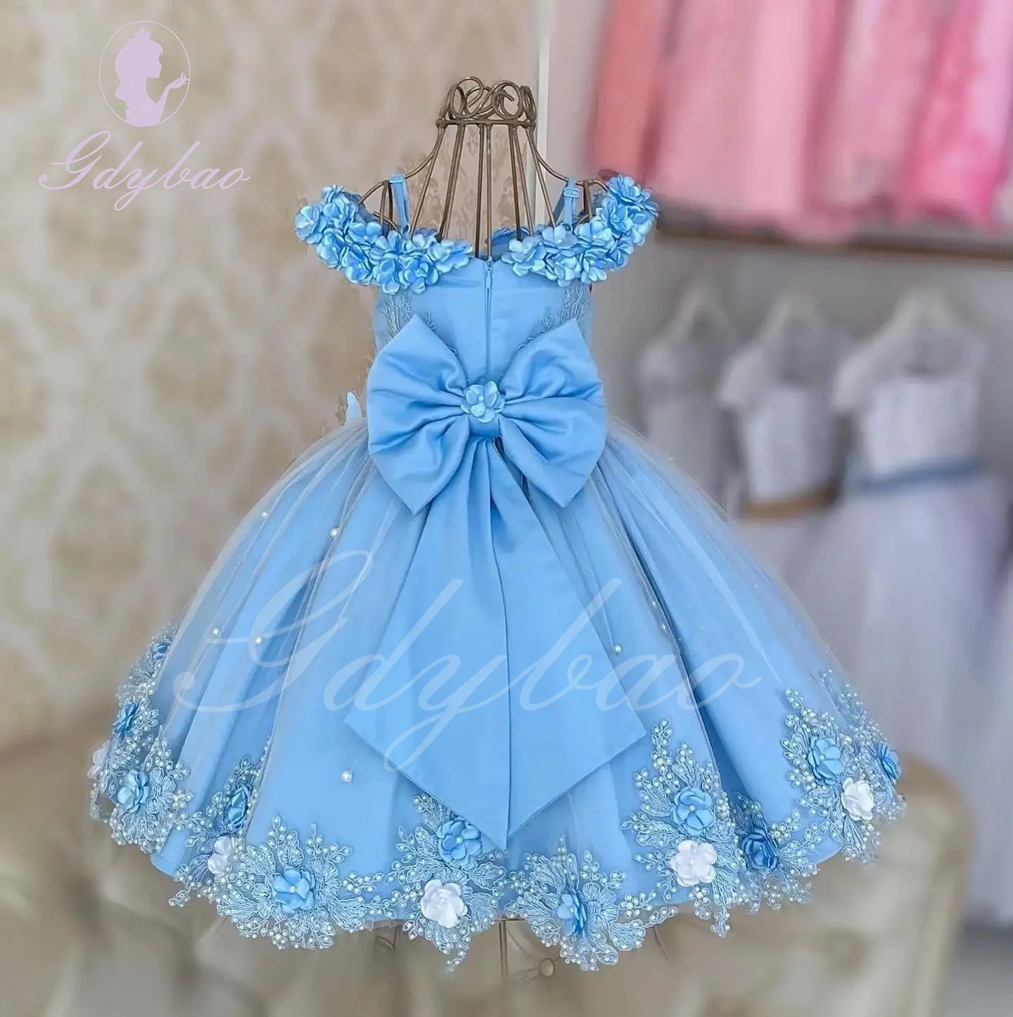 Vestido de niña de flores para boda, apliques de satén sin mangas azul cielo/rosa con lazo de perlas, fiesta de cumpleaños para niños, vestido de desfile de bebé