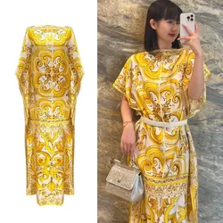 New Oversize Summer Batwing Sleeve Holiday Maxi Robe Boho Women's O Neck Yellow And White Porcelain Print Split Loose Long Dress