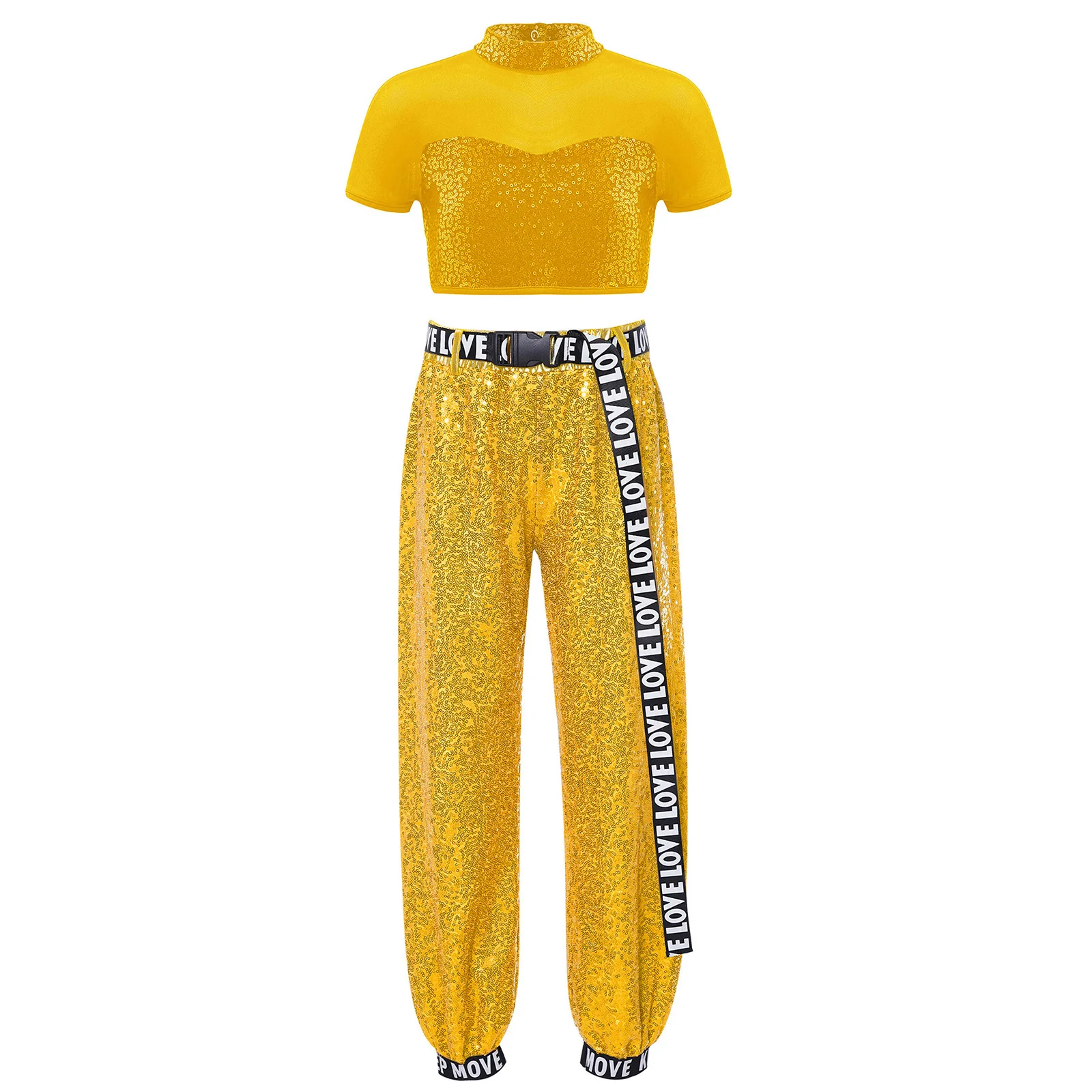 

Kids Girls Hip Hop Jazz Dance Outfit Short Sleeve Mesh Patchwork Cutout Back Shiny Sequins Crop Top+Pants+Letter Print Belt
