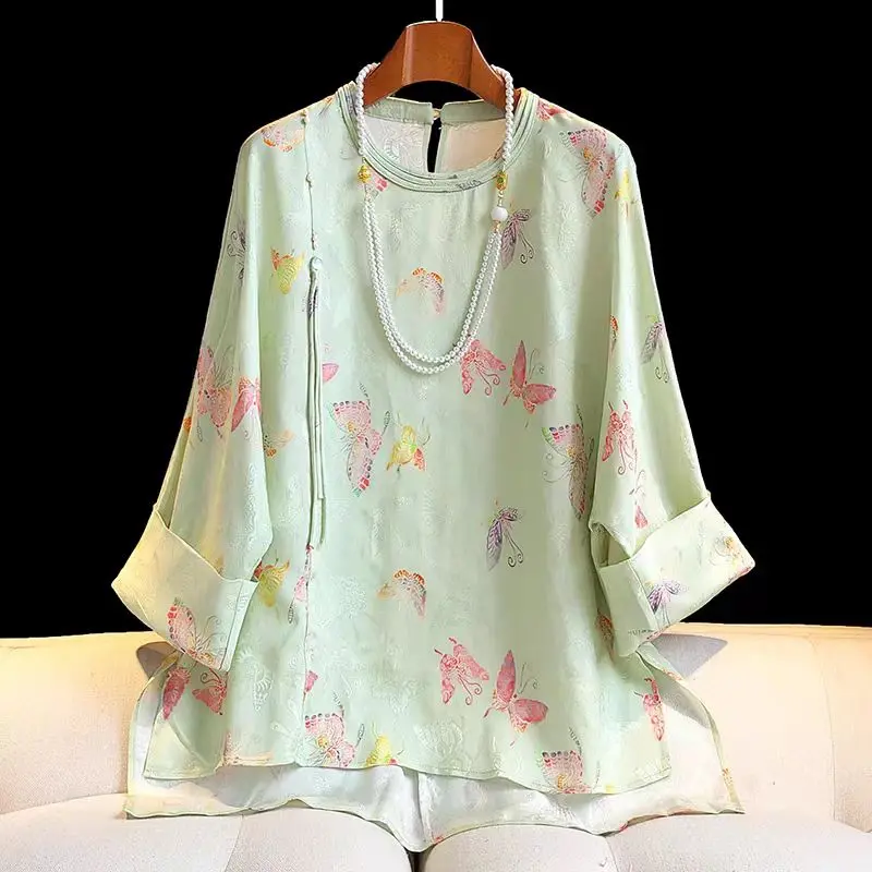 

Green New Chinese Style O-Neck Vintage Silk Blouse Women's Fashion One Button + Tassel Three Quarter Sleeve Top Summer S-XXL