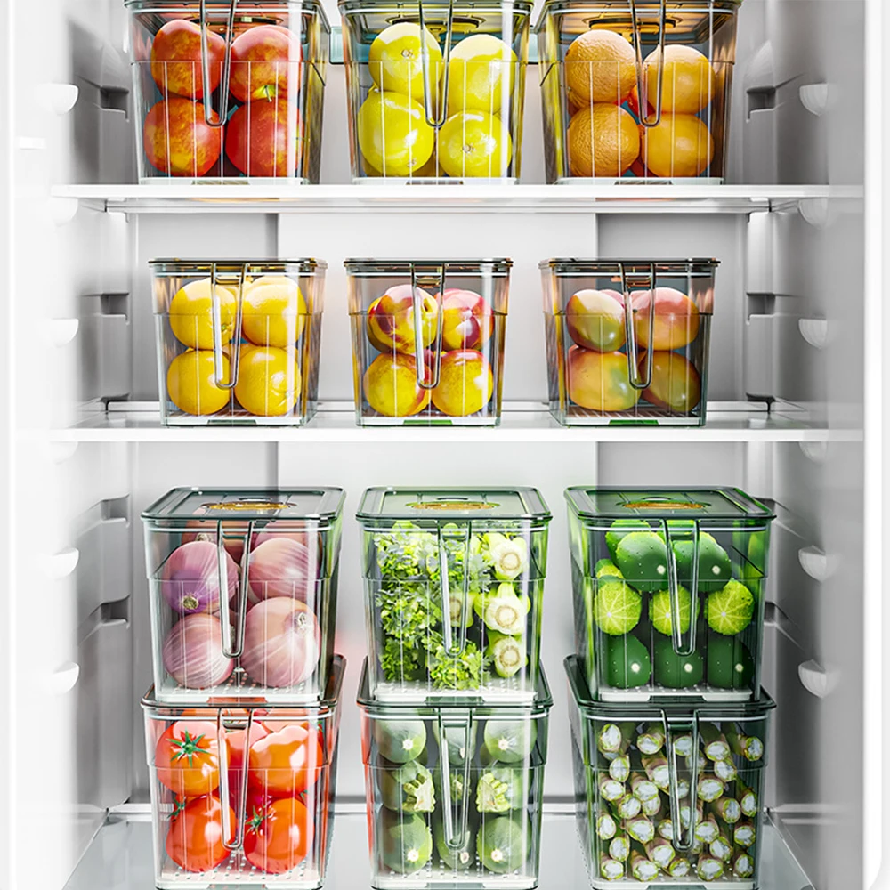 Fridge Storage Box Fruit Freshness Sealed Handheld Timing Organiser with Drainage Board for Kitchen Refrigerator Organizer Bins